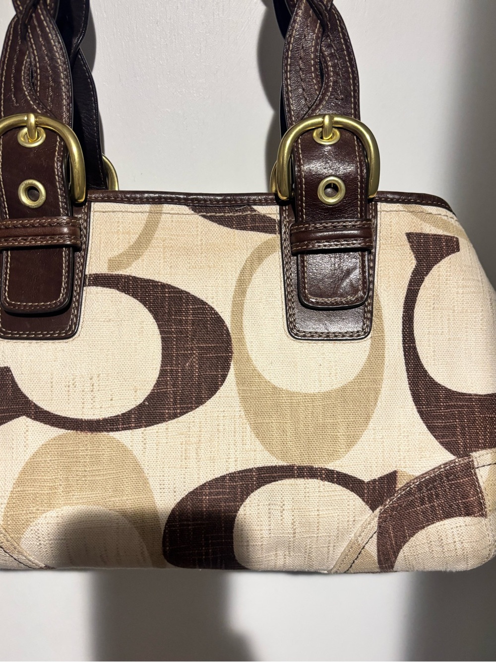 Coach Cream and Brown Signature Canvas Shoulder Bag